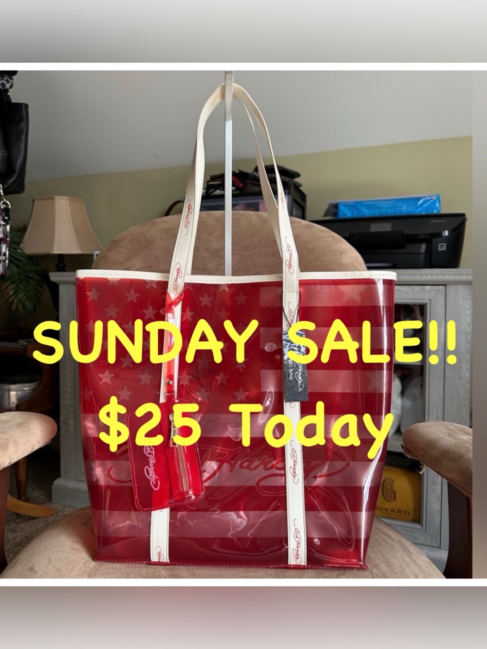 SUNDAY SALE! $25 TODAY ONLY! Ed Hardy Red Stars & Stripes Print Clear PVC Tote